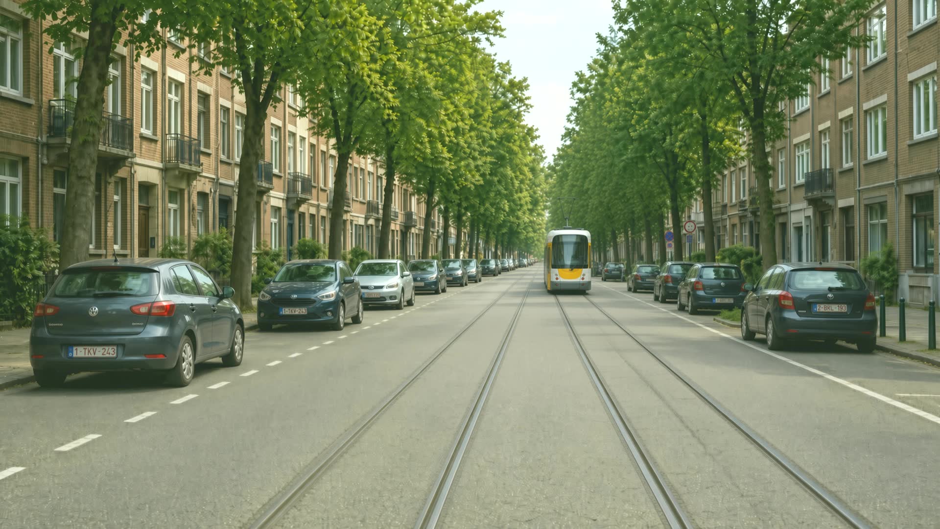 Moderne Antwerpse tram en appartementsgebouwen uit de jaren 50 en 60